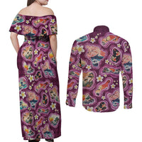 Hawaii Islands Map Design with Japanese Landscape Couples Matching Off Shoulder Maxi Dress and Long Sleeve Button Shirt Hawaiian Japan Fusion Art Pink Color