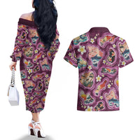 Hawaii Islands Map Design with Japanese Landscape Couples Matching Off The Shoulder Long Sleeve Dress and Hawaiian Shirt Hawaiian Japan Fusion Art Pink Color