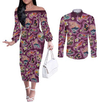 Hawaii Islands Map Design with Japanese Landscape Couples Matching Off The Shoulder Long Sleeve Dress and Long Sleeve Button Shirt Hawaiian Japan Fusion Art Pink Color