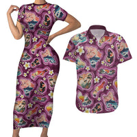 Hawaii Islands Map Design with Japanese Landscape Couples Matching Short Sleeve Bodycon Dress and Hawaiian Shirt Hawaiian Japan Fusion Art Pink Color