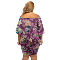 Hawaii Islands Map Design with Japanese Landscape Family Matching Off Shoulder Short Dress and Hawaiian Shirt Hawaiian Japan Fusion Art Pink Color