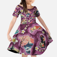 Hawaii Islands Map Design with Japanese Landscape Kid Short Sleeve Dress Hawaiian Japan Fusion Art Pink Color