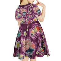 Hawaii Islands Map Design with Japanese Landscape Kid Short Sleeve Dress Hawaiian Japan Fusion Art Pink Color