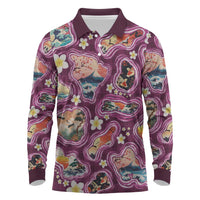Hawaii Islands Map Design with Japanese Landscape Long Sleeve Polo Shirt Hawaiian Japan Fusion Art Pink Color