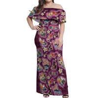 Hawaii Islands Map Design with Japanese Landscape Off Shoulder Maxi Dress Hawaiian Japan Fusion Art Pink Color