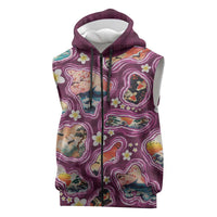 Hawaii Islands Map Design with Japanese Landscape Sleeveless Zip Hoodie Hawaiian Japan Fusion Art Pink Color