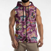 Hawaii Islands Map Design with Japanese Landscape Sleeveless Zip Hoodie Hawaiian Japan Fusion Art Pink Color