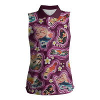 Hawaii Islands Map Design with Japanese Landscape Women Sleeveless Polo Shirt Hawaiian Japan Fusion Art Pink Color