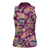 Hawaii Islands Map Design with Japanese Landscape Women Sleeveless Polo Shirt Hawaiian Japan Fusion Art Pink Color