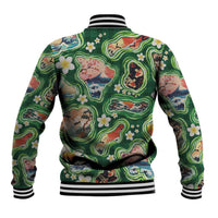 Hawaiian and Japanese Culture Together Baseball Jacket Hawaiian Island Shapes with Japanese Landscape Green Color