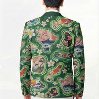 Hawaiian and Japanese Culture Together Blazer Hawaiian Island Shapes with Japanese Landscape Green Color