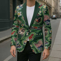Hawaiian and Japanese Culture Together Blazer Hawaiian Island Shapes with Japanese Landscape Green Color