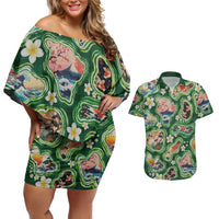 Hawaiian and Japanese Culture Together Couples Matching Off Shoulder Short Dress and Hawaiian Shirt Hawaiian Island Shapes with Japanese Landscape Green Color