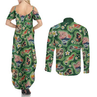 Hawaiian and Japanese Culture Together Couples Matching Summer Maxi Dress and Long Sleeve Button Shirt Hawaiian Island Shapes with Japanese Landscape Green Color