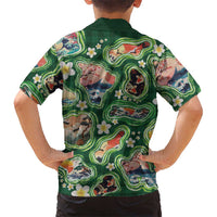Hawaiian and Japanese Culture Together Family Matching Off The Shoulder Long Sleeve Dress and Hawaiian Shirt Hawaiian Island Shapes with Japanese Landscape Green Color