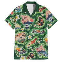 Hawaiian and Japanese Culture Together Family Matching Off The Shoulder Long Sleeve Dress and Hawaiian Shirt Hawaiian Island Shapes with Japanese Landscape Green Color