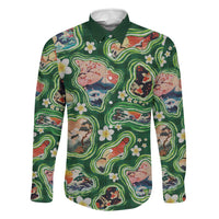 Hawaiian and Japanese Culture Together Family Matching Off Shoulder Maxi Dress and Hawaiian Shirt Hawaiian Island Shapes with Japanese Landscape Green Color