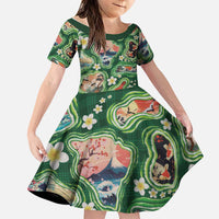 Hawaiian and Japanese Culture Together Family Matching Off Shoulder Short Dress and Hawaiian Shirt Hawaiian Island Shapes with Japanese Landscape Green Color