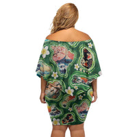 Hawaiian and Japanese Culture Together Family Matching Off Shoulder Short Dress and Hawaiian Shirt Hawaiian Island Shapes with Japanese Landscape Green Color