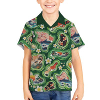 Hawaiian and Japanese Culture Together Family Matching Tank Maxi Dress and Hawaiian Shirt Hawaiian Island Shapes with Japanese Landscape Green Color