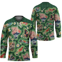Hawaiian and Japanese Culture Together Hockey Jersey Hawaiian Island Shapes with Japanese Landscape Green Color