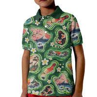 Hawaiian and Japanese Culture Together Kid Polo Shirt Hawaiian Island Shapes with Japanese Landscape Green Color