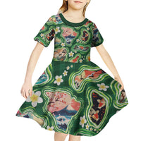 Hawaiian and Japanese Culture Together Kid Short Sleeve Dress Hawaiian Island Shapes with Japanese Landscape Green Color
