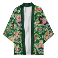 Hawaiian and Japanese Culture Together Kimono Hawaiian Island Shapes with Japanese Landscape Green Color