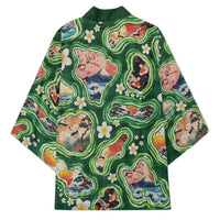 Hawaiian and Japanese Culture Together Kimono Hawaiian Island Shapes with Japanese Landscape Green Color