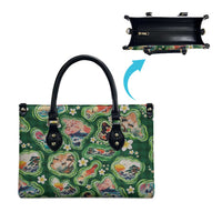 Hawaiian and Japanese Culture Together Leather Bag Hawaiian Island Shapes with Japanese Landscape Green Color