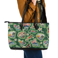 Hawaiian and Japanese Culture Together Leather Tote Bag Hawaiian Island Shapes with Japanese Landscape Green Color