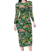 Hawaiian and Japanese Culture Together Long Sleeve Bodycon Dress Hawaiian Island Shapes with Japanese Landscape Green Color