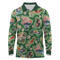 Hawaiian and Japanese Culture Together Long Sleeve Polo Shirt Hawaiian Island Shapes with Japanese Landscape Green Color