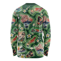 Hawaiian and Japanese Culture Together Long Sleeve Shirt Hawaiian Island Shapes with Japanese Landscape Green Color