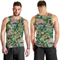 Hawaiian and Japanese Culture Together Men Tank Top Hawaiian Island Shapes with Japanese Landscape Green Color