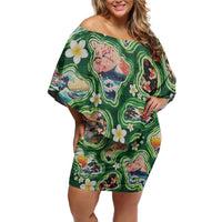Hawaiian and Japanese Culture Together Off Shoulder Short Dress Hawaiian Island Shapes with Japanese Landscape Green Color