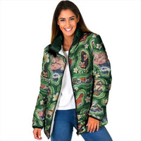 Hawaiian and Japanese Culture Together Padded Jacket Hawaiian Island Shapes with Japanese Landscape Green Color