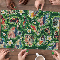 Hawaiian and Japanese Culture Together Puzzle Hawaiian Island Shapes with Japanese Landscape Green Color