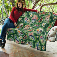 Hawaiian and Japanese Culture Together Quilt Hawaiian Island Shapes with Japanese Landscape Green Color