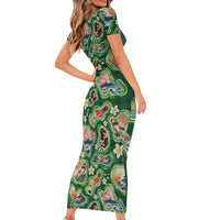 Hawaiian and Japanese Culture Together Short Sleeve Bodycon Dress Hawaiian Island Shapes with Japanese Landscape Green Color