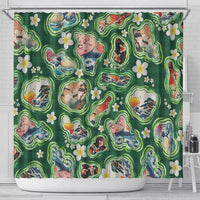 Hawaiian and Japanese Culture Together Shower Curtain Hawaiian Island Shapes with Japanese Landscape Green Color