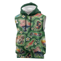 Hawaiian and Japanese Culture Together Sleeveless Hoodie Hawaiian Island Shapes with Japanese Landscape Green Color