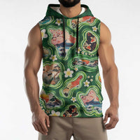 Hawaiian and Japanese Culture Together Sleeveless Hoodie Hawaiian Island Shapes with Japanese Landscape Green Color