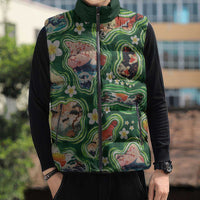 Hawaiian and Japanese Culture Together Sleeveless Puffer Jacket Hawaiian Island Shapes with Japanese Landscape Green Color
