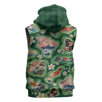 Hawaiian and Japanese Culture Together Sleeveless Zip Hoodie Hawaiian Island Shapes with Japanese Landscape Green Color