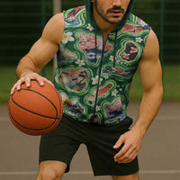 Hawaiian and Japanese Culture Together Sleeveless Zip Hoodie Hawaiian Island Shapes with Japanese Landscape Green Color