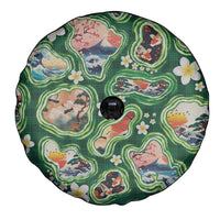 Hawaiian and Japanese Culture Together Spare Tire Cover Hawaiian Island Shapes with Japanese Landscape Green Color