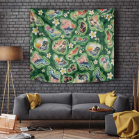 Hawaiian and Japanese Culture Together Tapestry Hawaiian Island Shapes with Japanese Landscape Green Color