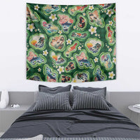 Hawaiian and Japanese Culture Together Tapestry Hawaiian Island Shapes with Japanese Landscape Green Color