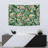 Hawaiian and Japanese Culture Together Tapestry Hawaiian Island Shapes with Japanese Landscape Green Color